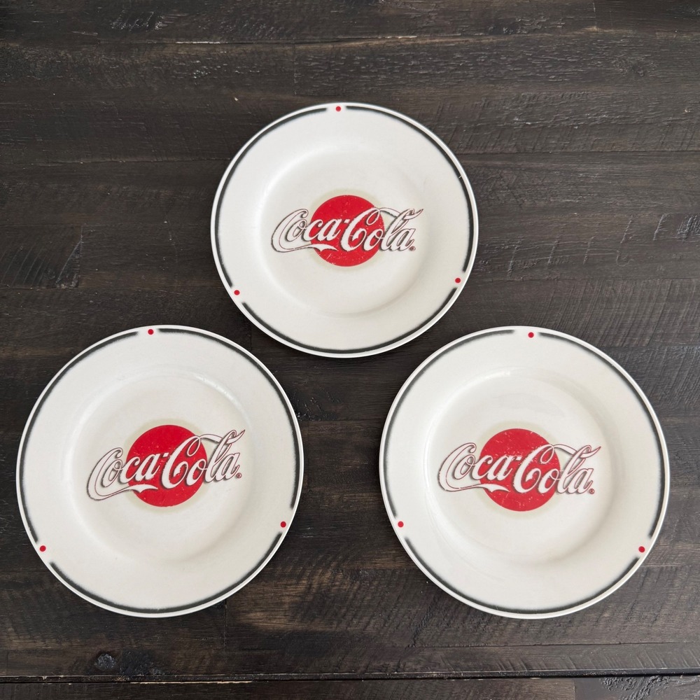 Set of 3 Coca-Cola Sakura Stoneware Plates 2002 Red Disc Logo White 7 Inch